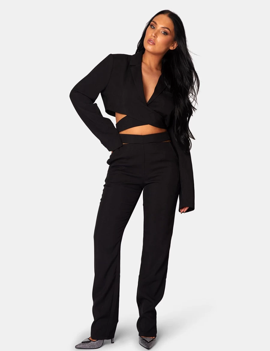 "Public Desire Women's Black Wrap Front Cropped Blazer - Stylish Tailored Jacket"