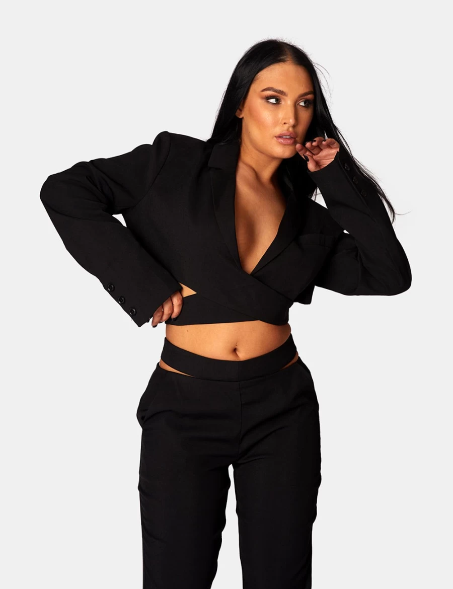 "Public Desire Women's Black Wrap Front Cropped Blazer - Stylish Tailored Jacket"