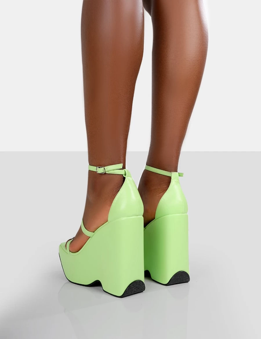 Public Desire Women's Lime Green Strappy Square Toe Platform Wedge High Heels