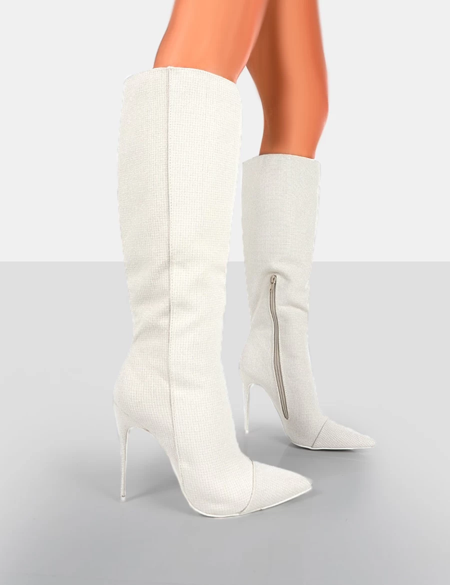 Public Desire Women's Ecru Horizon Linen Stiletto Knee High Boots