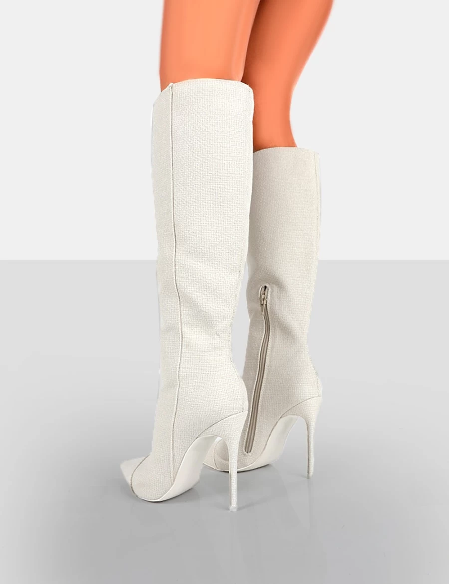 Public Desire Women's Ecru Horizon Linen Stiletto Knee High Boots