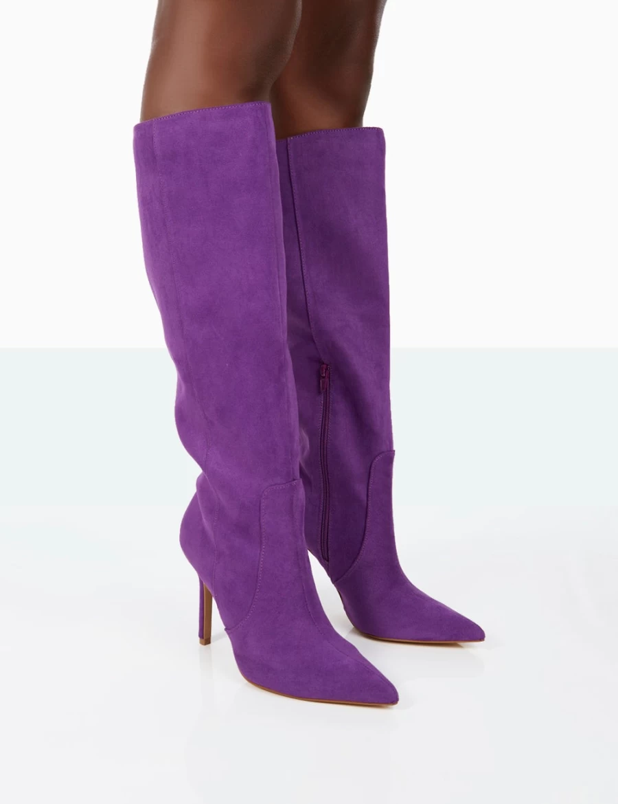 Public Desire Women's Purple Faux Suede Pointed Toe Knee High Boots with Stiletto Heel