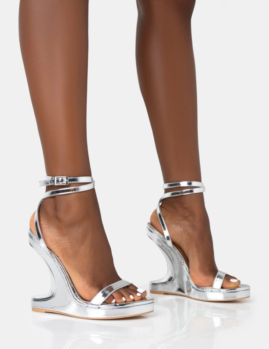 Public Desire Silver A-List Mirror Wrap Around Platform Wedge Heels for Women