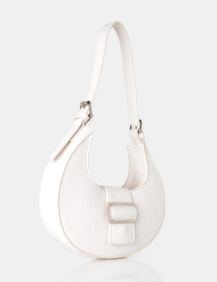 Public Desire Women's White Sicily Croc Hobo Bag with PU Buckle Detail