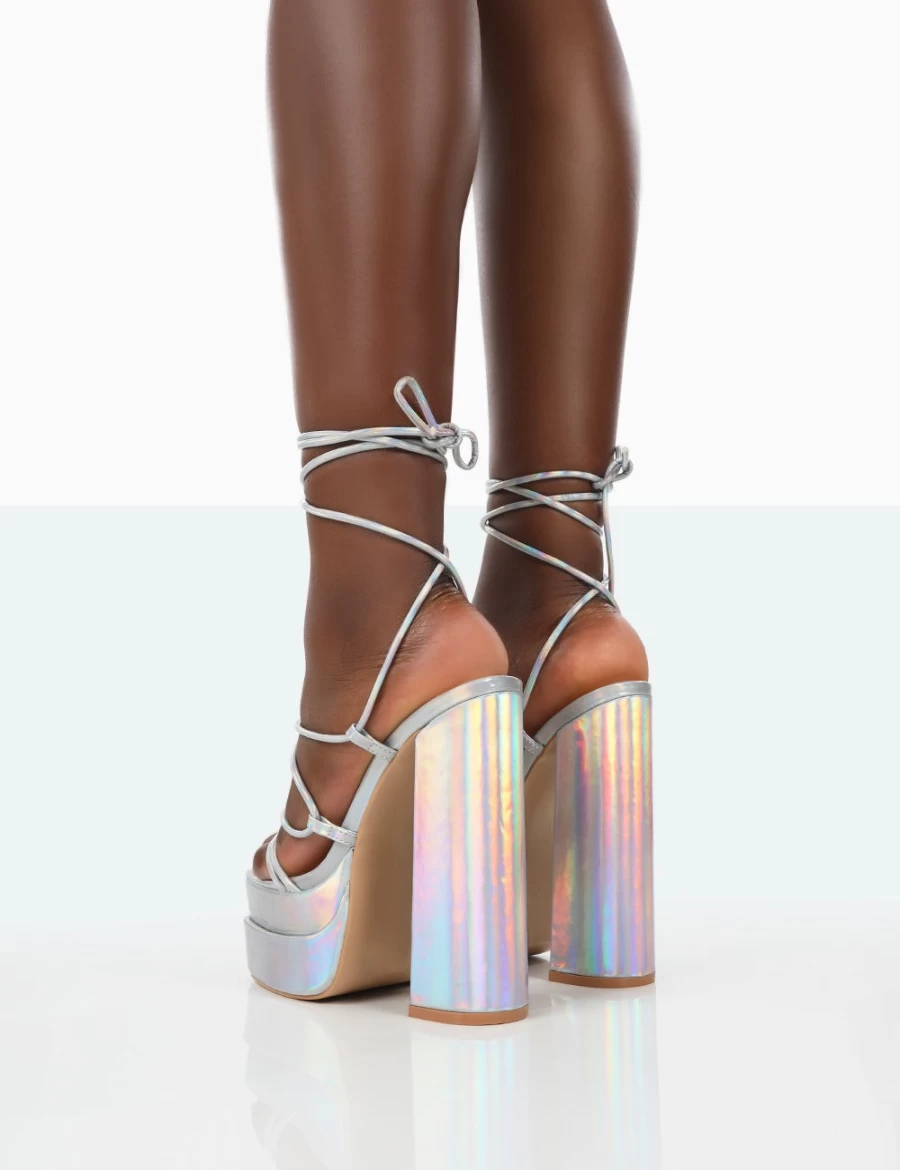 Public Desire Women's Silver Holographic PU Lace-Up Platform High Heels - Glow Girl Collection