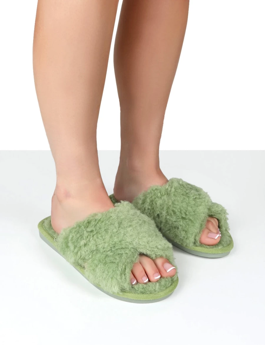 Women's Green Public Desire Nightcap Cross Strap Slippers for Comfort & Style