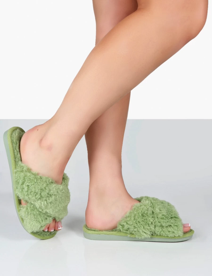 Women's Green Public Desire Nightcap Cross Strap Slippers for Comfort & Style