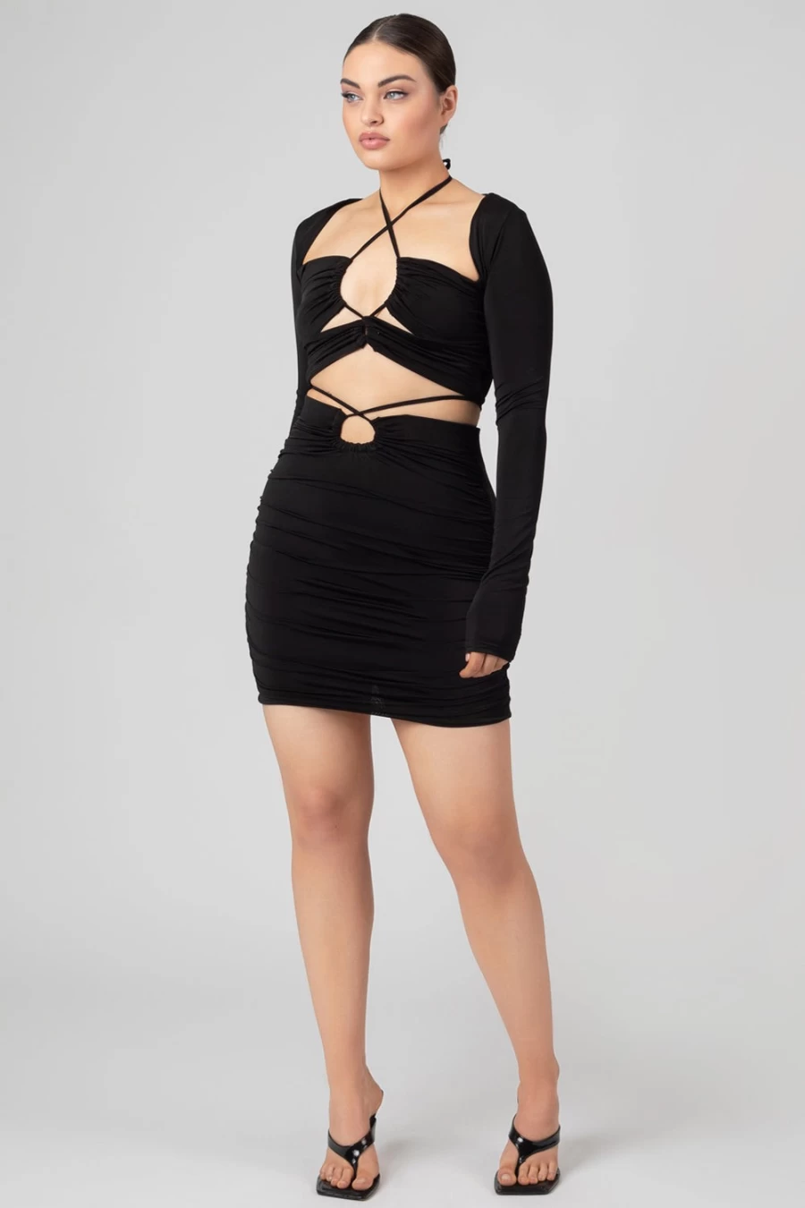 Public Desire Women's Black Loop Ruching Midi Skirt - Stylish High Waist Bodycon Skirt