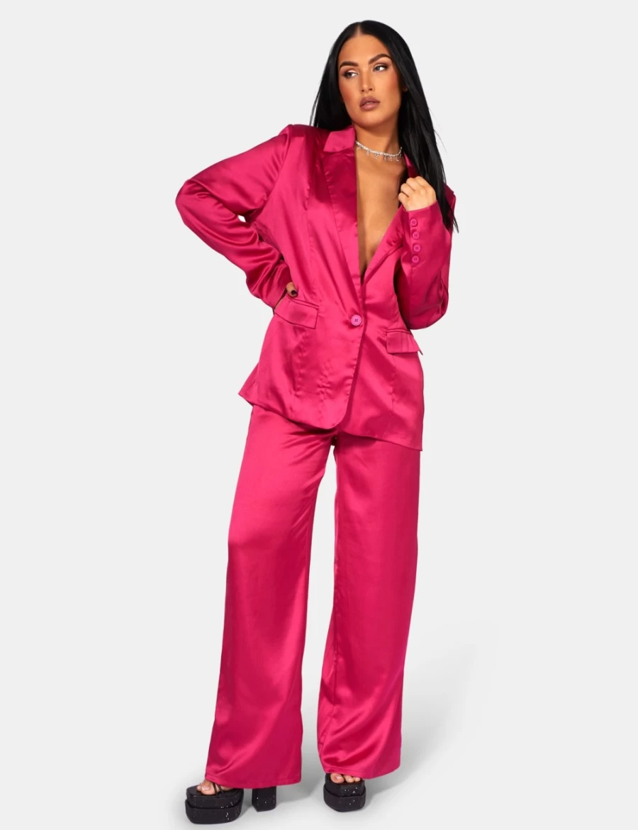Public Desire Women's Pink Satin Wide Leg Tailored Trousers