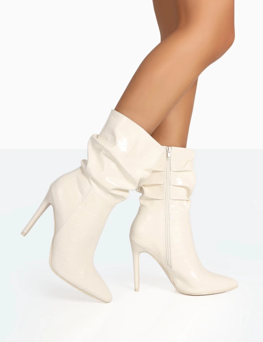 Public Desire Women's Ecru Zurich Patent Croc Stiletto Ankle Boots - Pointed Toe Heeled Booties