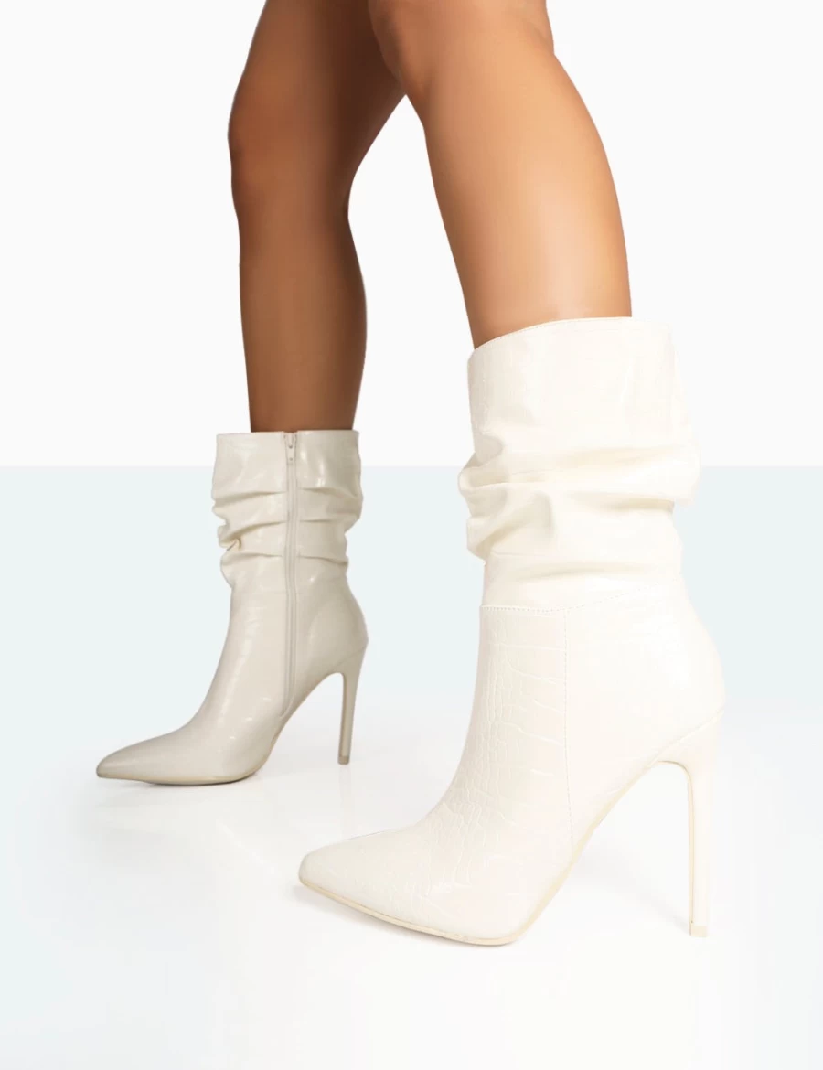 Public Desire Women's Ecru Zurich Patent Croc Stiletto Ankle Boots - Pointed Toe Heeled Booties