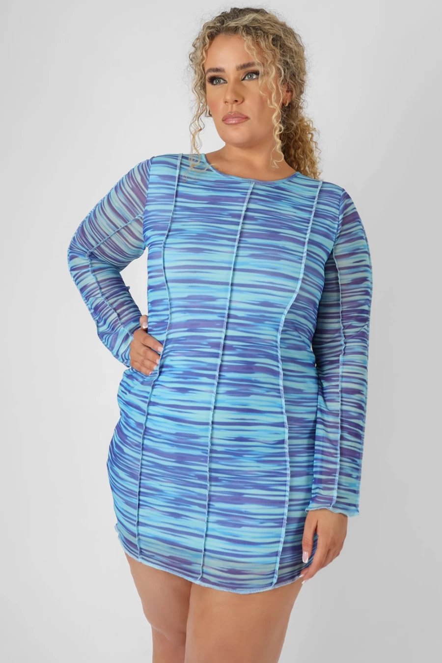 Public Desire Women's Blue Curve Space Dye Print Mesh Dress