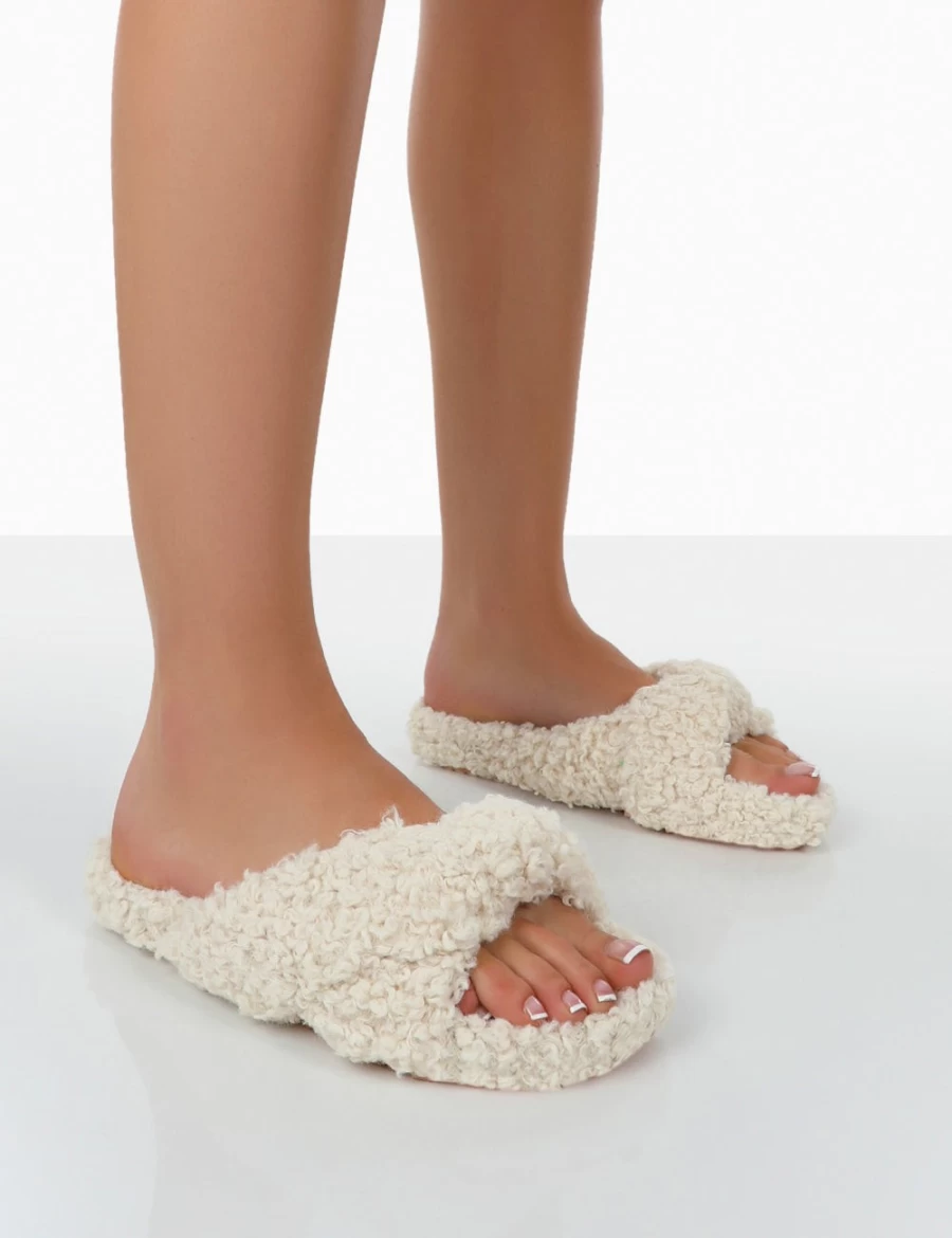 Public Desire Women's Beige Slumber Teddy Cross Strap Slippers - Cozy Plush Slide-On House Shoes