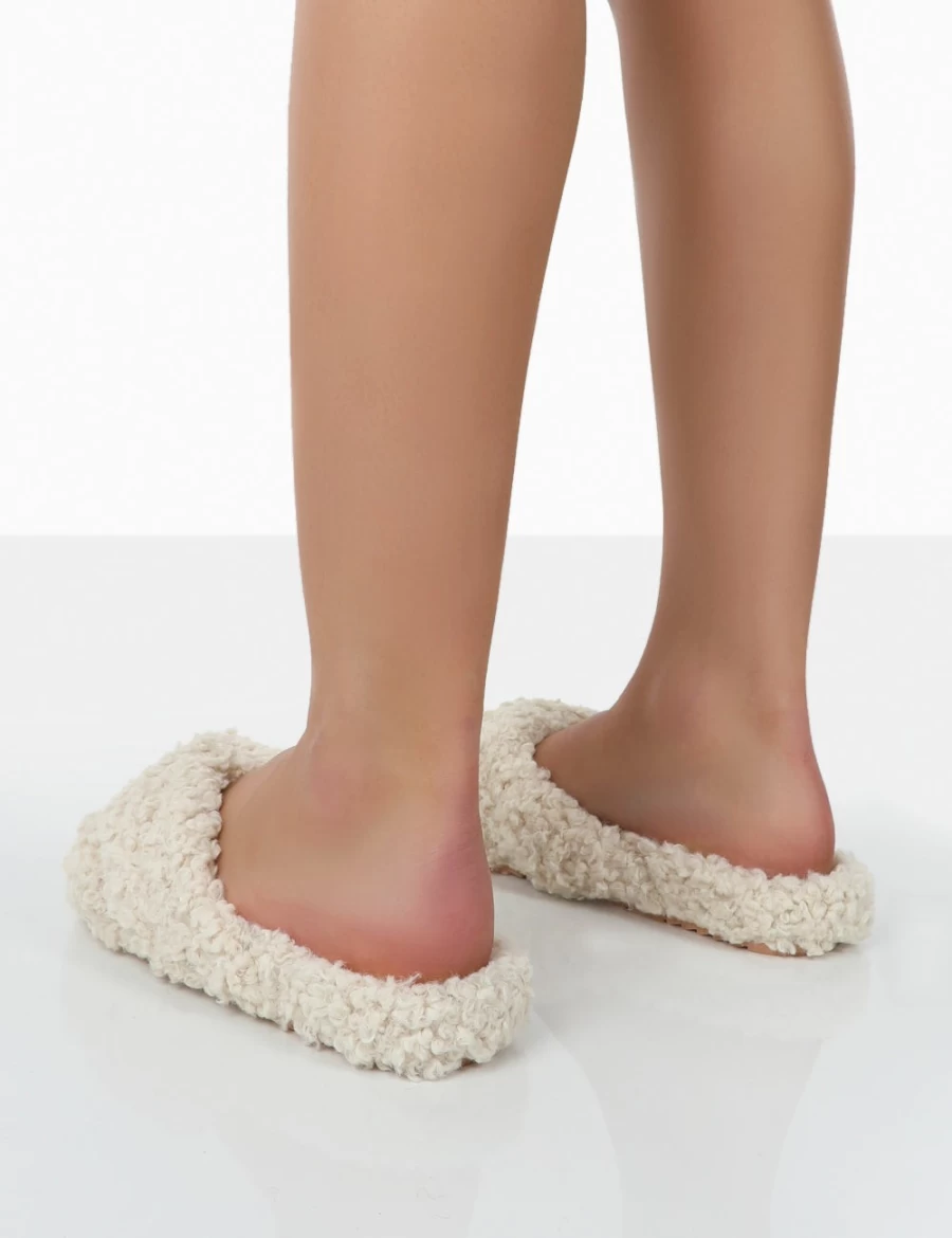 Public Desire Women's Beige Slumber Teddy Cross Strap Slippers - Cozy Plush Slide-On House Shoes