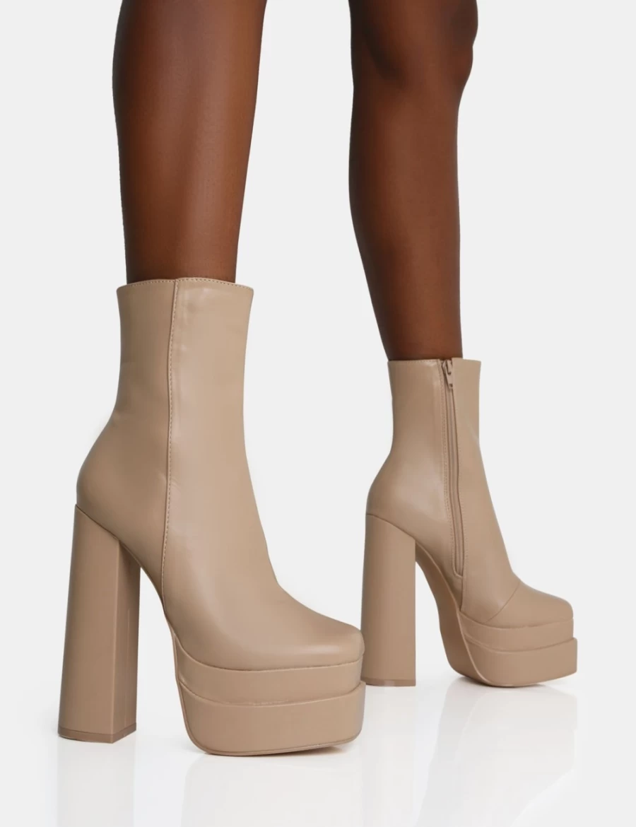 Public Desire Women's Nude Supine Pu Chunky Heel Platform Ankle Boots