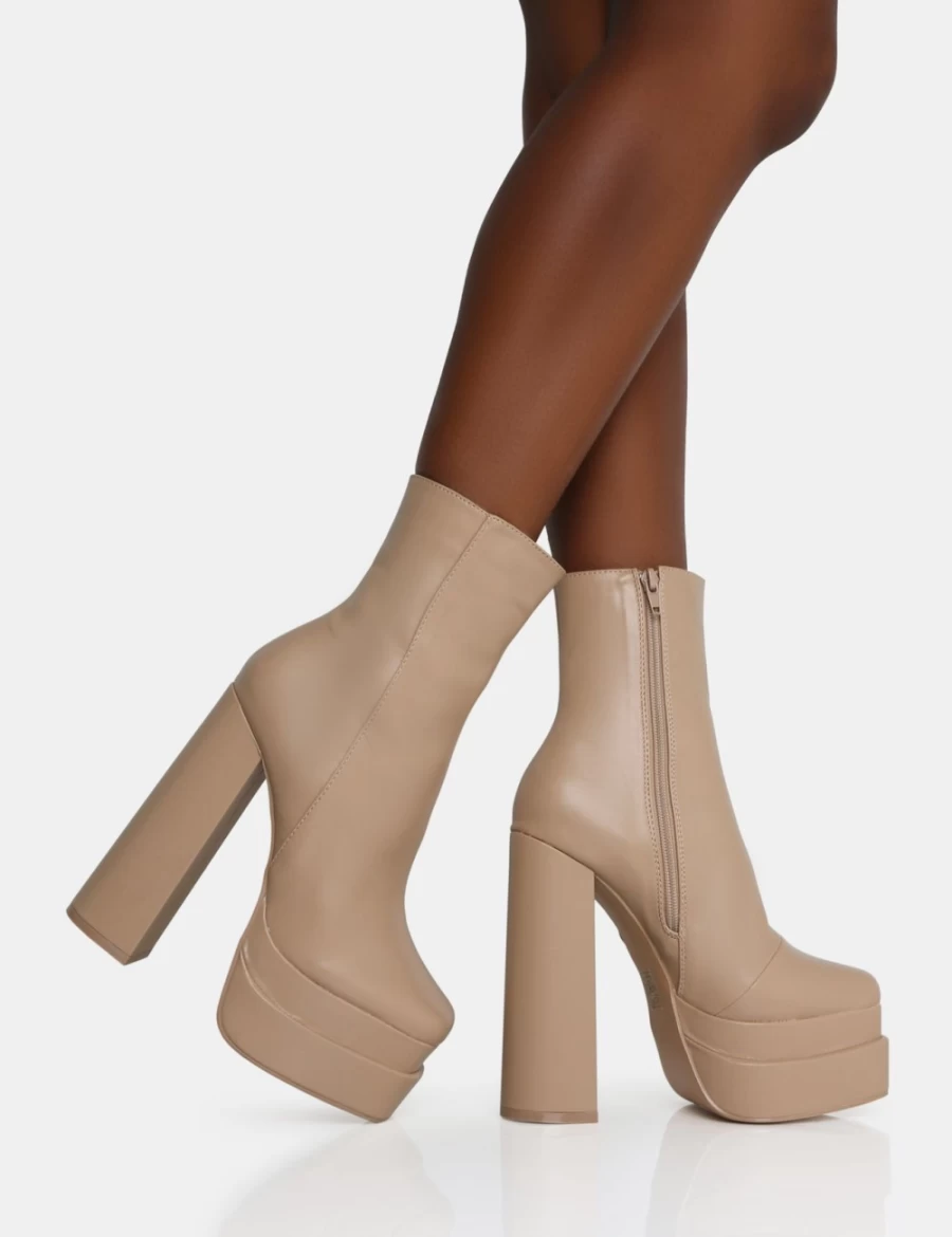 Public Desire Women's Nude Supine Pu Chunky Heel Platform Ankle Boots