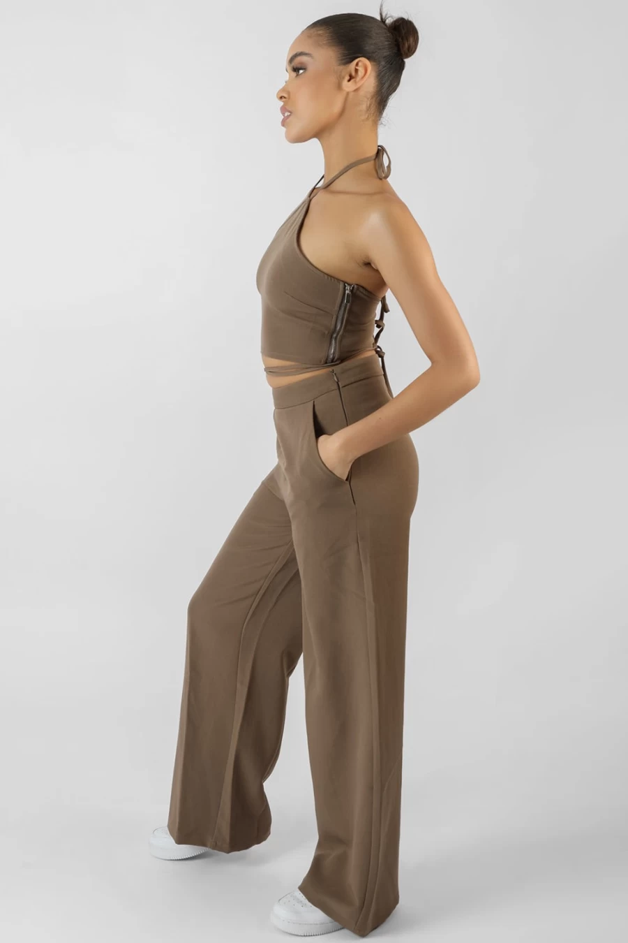 "Public Desire Women's Taupe Halterneck Crop Top with Waist Strapping"