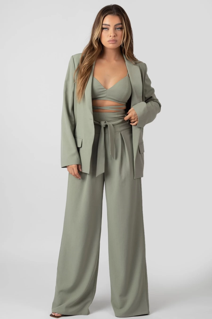 Public Desire Women's Sage Green Premium Tie Waist Wide Leg Trousers