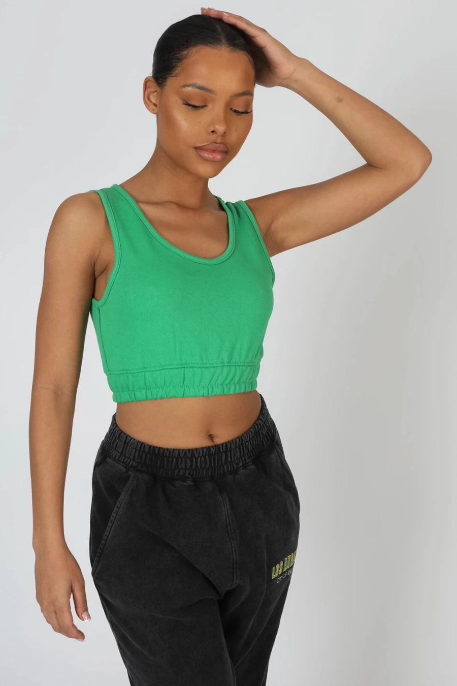 Public Desire Women's Green Elasticated Waist Crop Top - Scoop Neck Stretchy Sweat Top