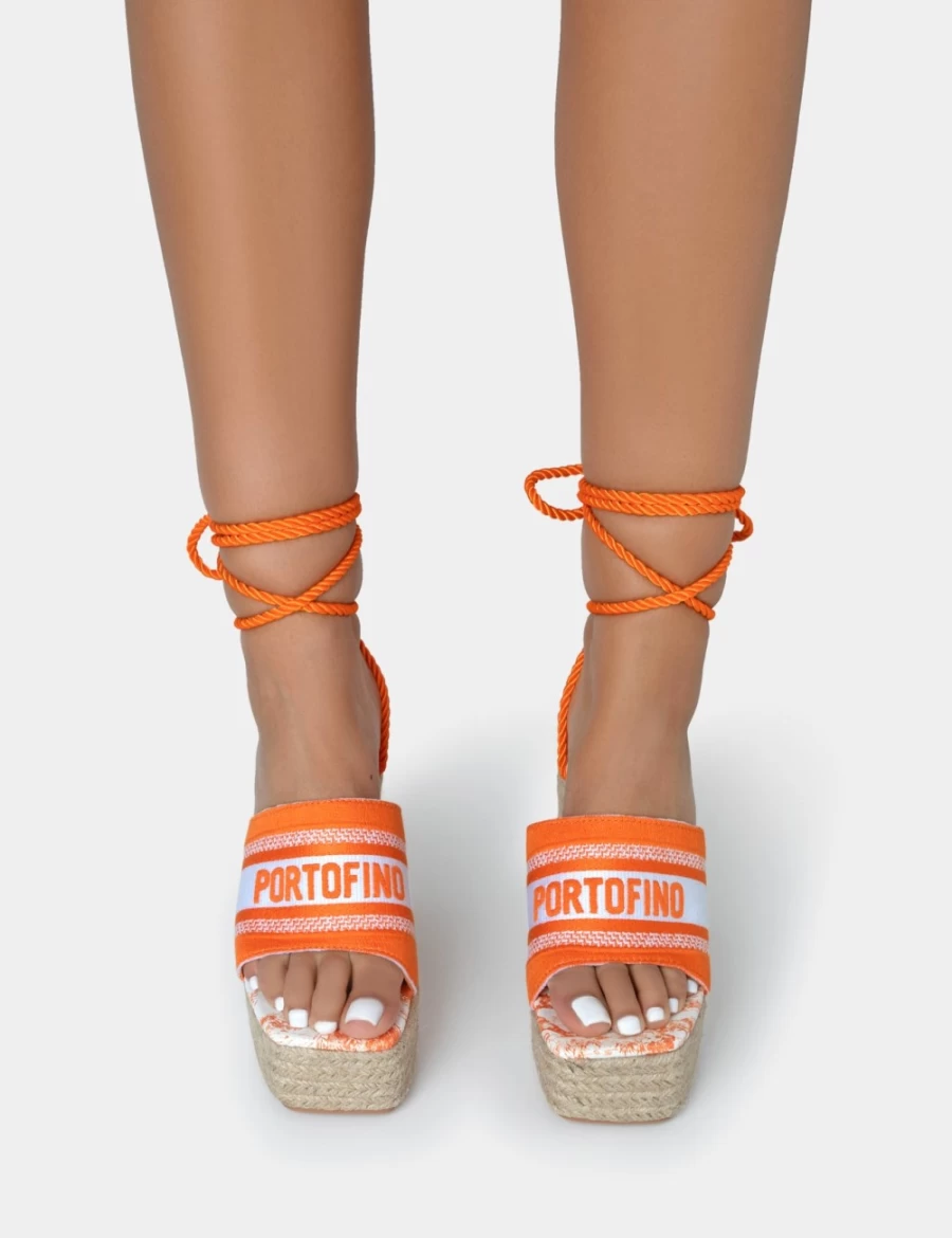 Public Desire Orange Embroidered Portofino Wedge Heels for Women - Lace Up Raffia Square Toe Summer Sandals