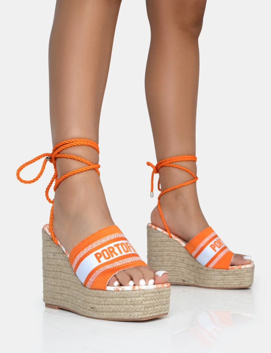 Public Desire Orange Embroidered Portofino Wedge Heels for Women - Lace Up Raffia Square Toe Summer Sandals