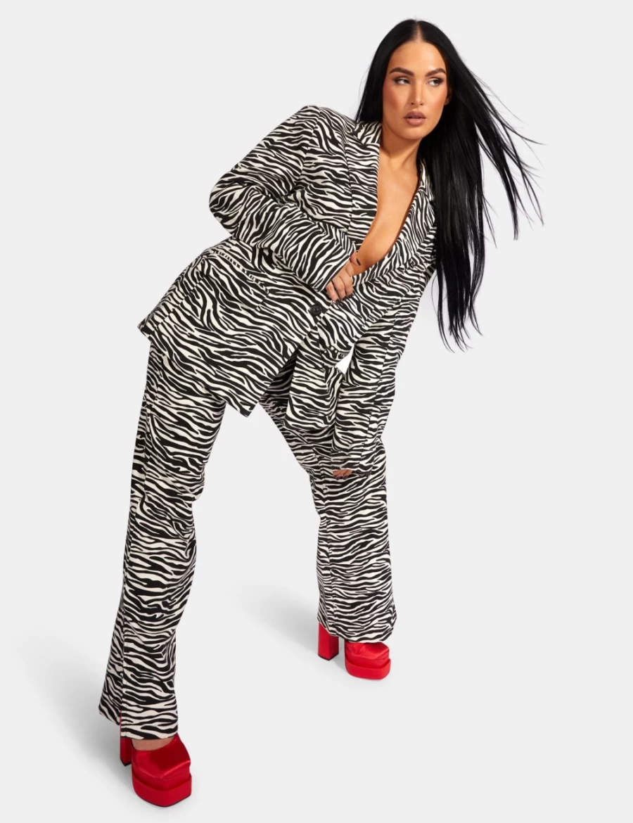 "Public Desire Women's High Waist Wide Leg Zebra Print Trousers in Multi Color"