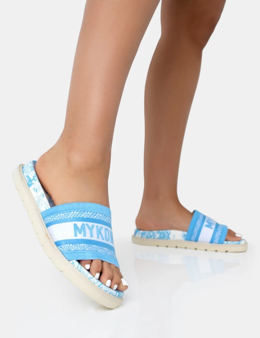 Public Desire Women's Blue Mykonos Embroidered Slider Sandals - Jet Set Beach Footwear