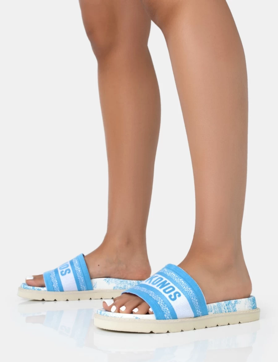 Public Desire Women's Blue Mykonos Embroidered Slider Sandals - Jet Set Beach Footwear