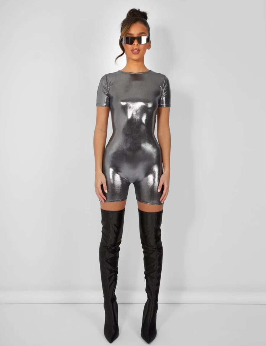 "Public Desire Women's Silver Metallic Open Back Short Sleeve Unitard Playsuit"