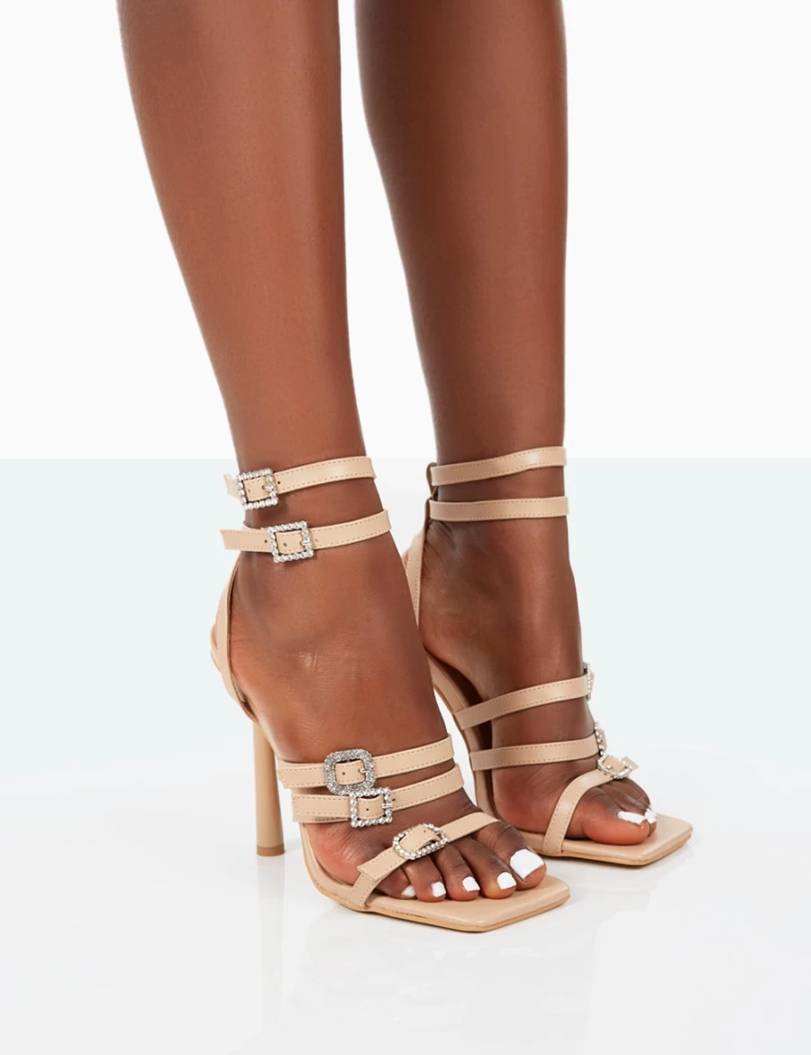 Public Desire Lindsey Pu Nude Strappy Square Toe Stiletto Heels for Women
