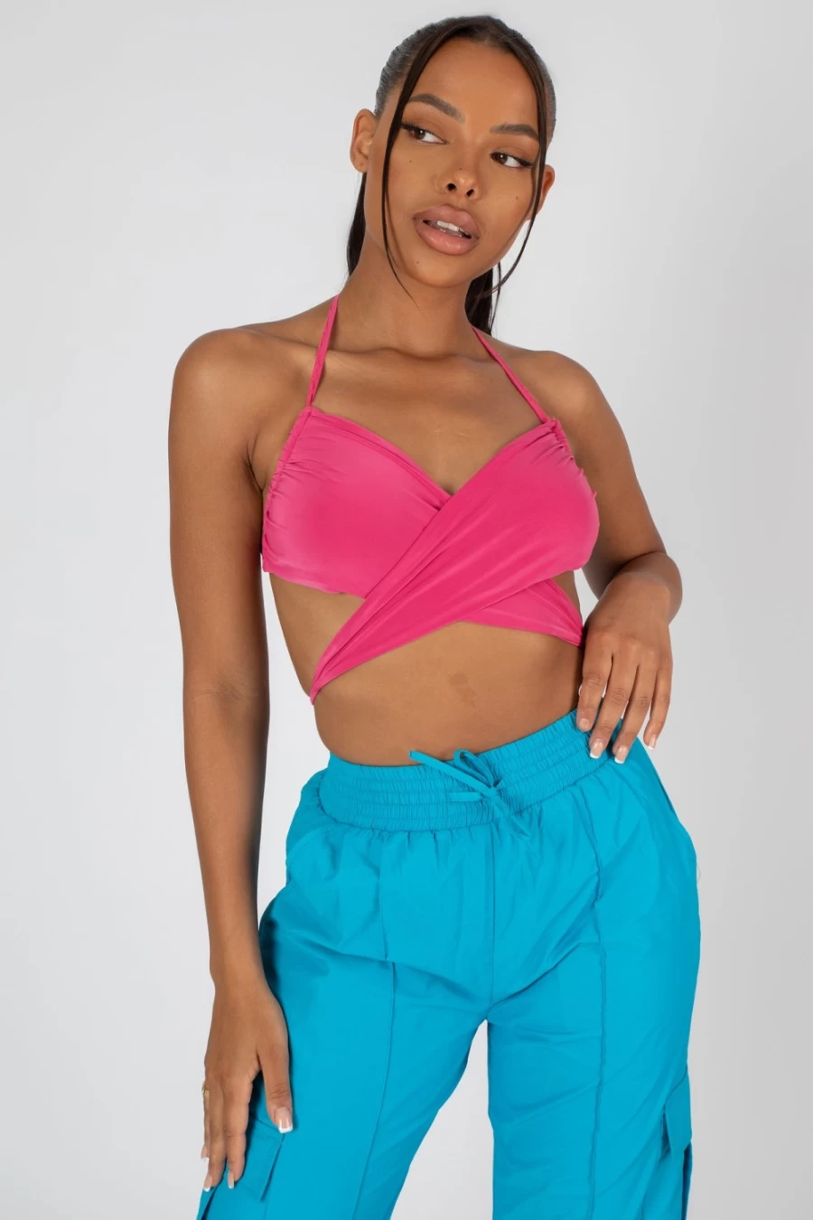 Public Desire Pink 90's Butterfly Slinky Wrap Top for Women - Vintage Y2K Stretch Wrap Shirt