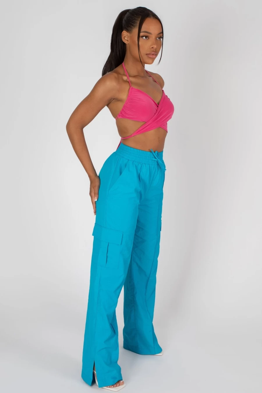 Public Desire Pink 90's Butterfly Slinky Wrap Top for Women - Vintage Y2K Stretch Wrap Shirt