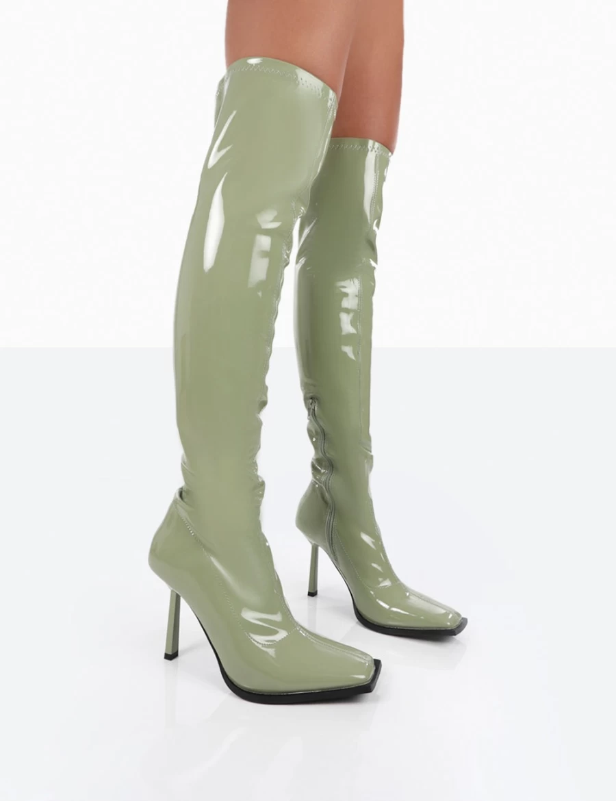 Public Desire Women's Green Patent Over The Knee Stiletto Heeled Boots - Jenine Style