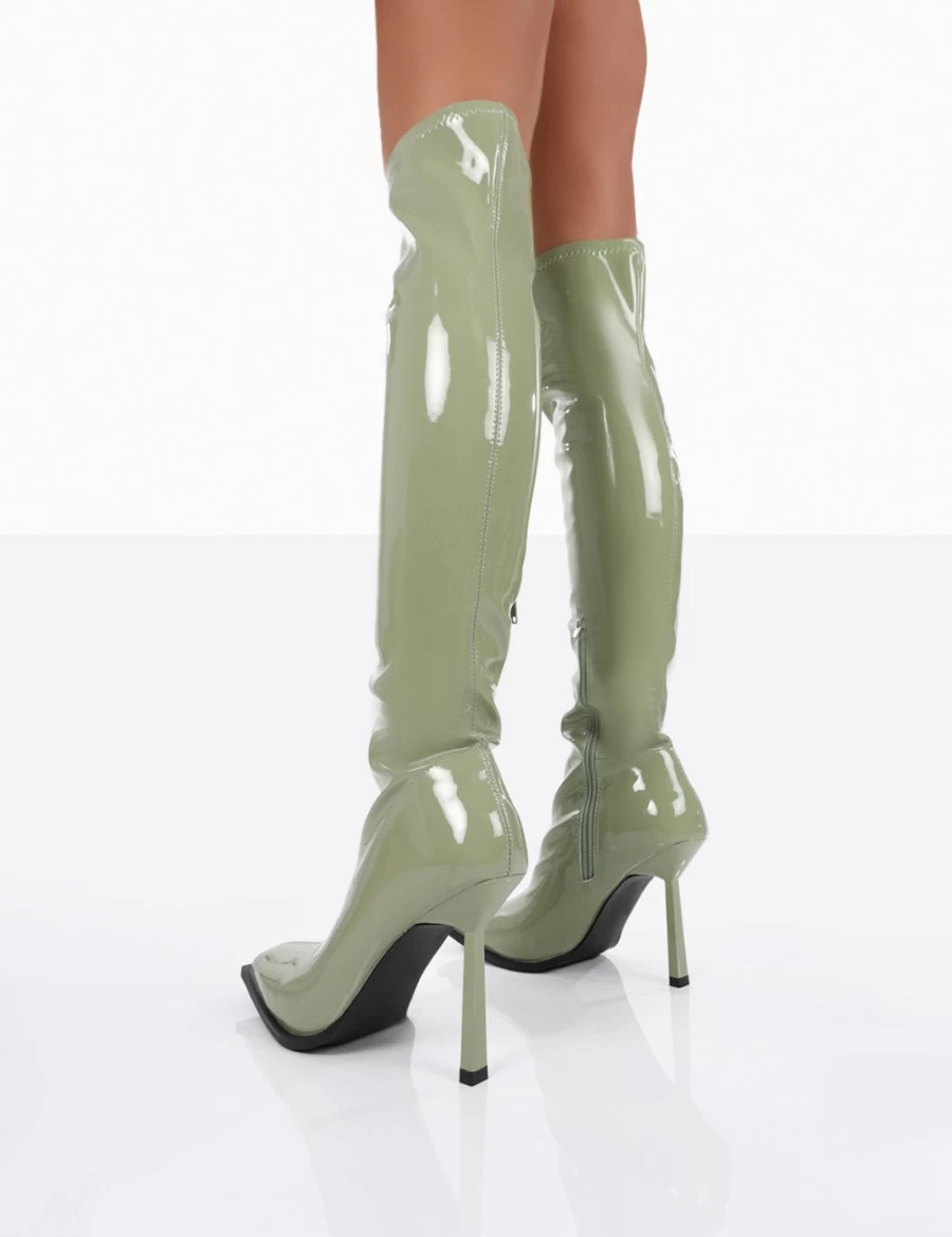 Public Desire Women's Green Patent Over The Knee Stiletto Heeled Boots - Jenine Style
