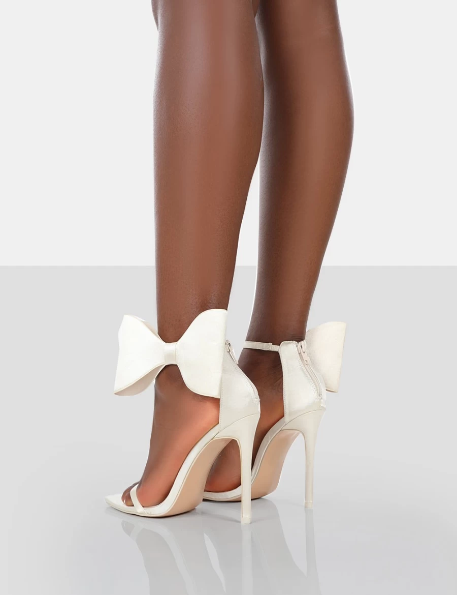 Public Desire Women's White Zeal Wide Fit Satin Strappy Bow Ankle Stiletto Heels