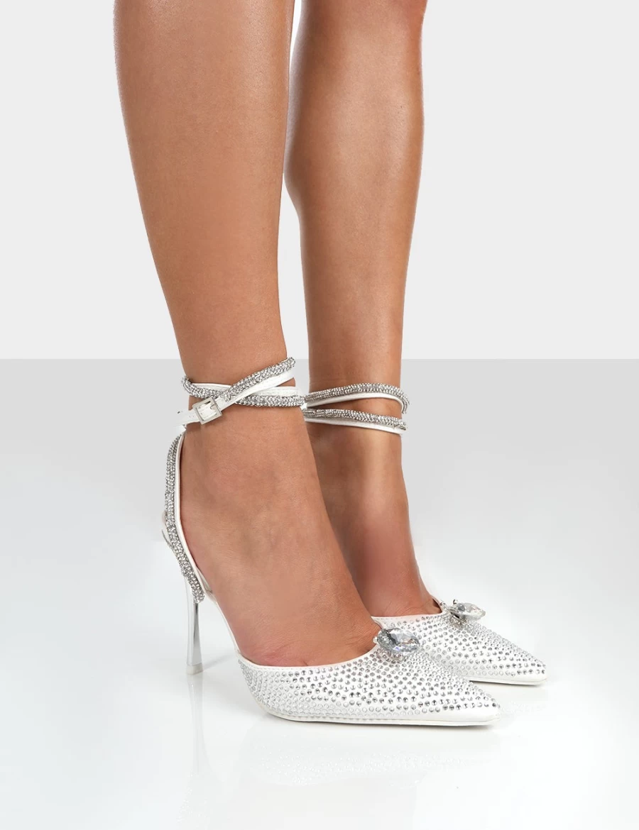 Public Desire Women's White Diamante Sparkly Wrap Around Pointed Toe Court Heels