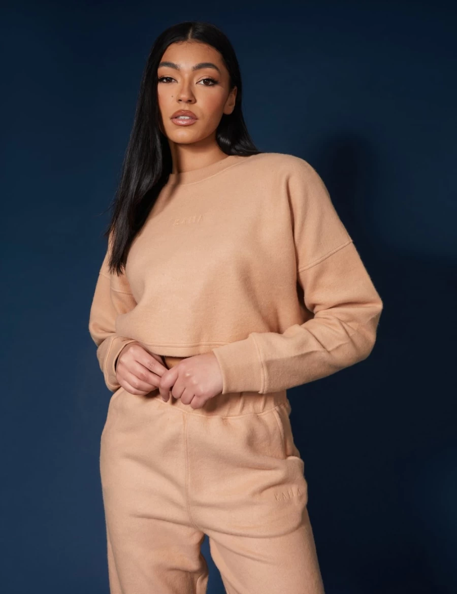 "Public Desire Women's Kaiia Fluffy Cropped Sweatshirt in Camel | Cozy Oversized Pullover"