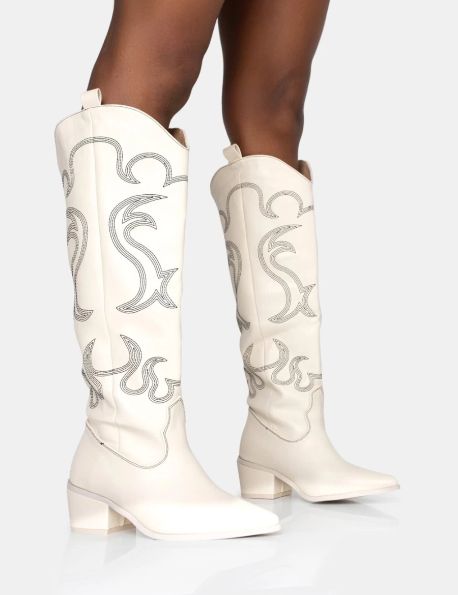 Public Desire Women's Ecru Western Embroidered Knee High Cowboy Boots