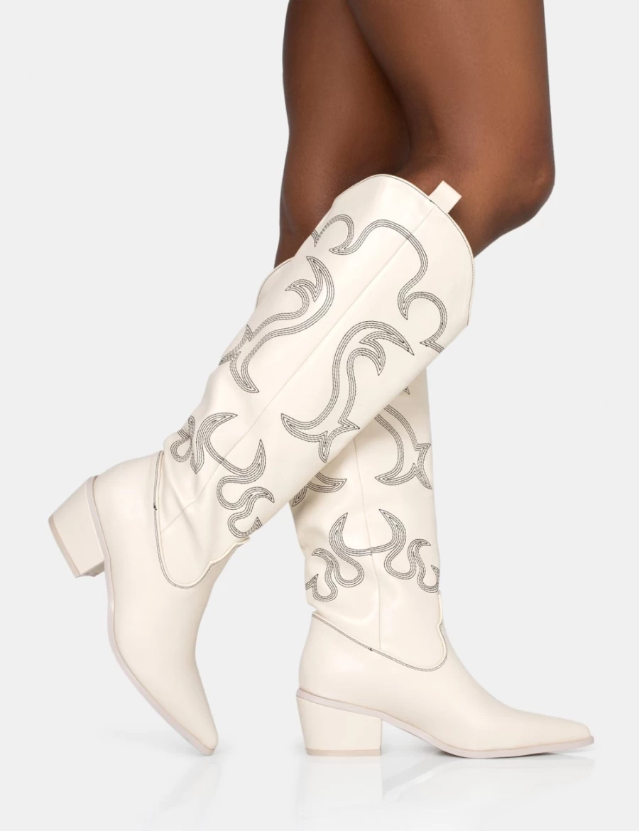 Public Desire Women's Ecru Western Embroidered Knee High Cowboy Boots