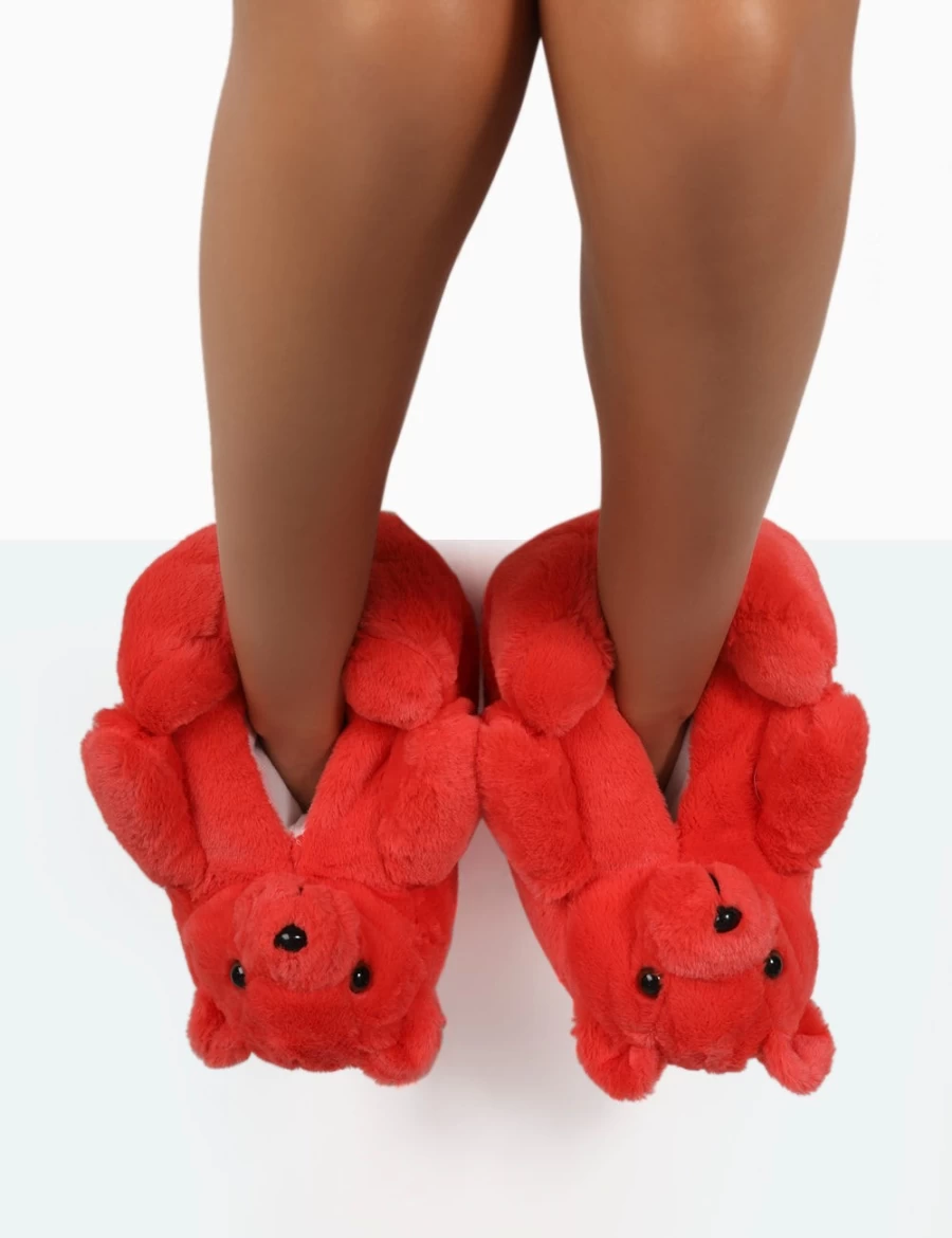 Public Desire Women's Red Fluffy Faux Fur Bear Slippers - Moxy Cozy Animal Shaped House Shoes