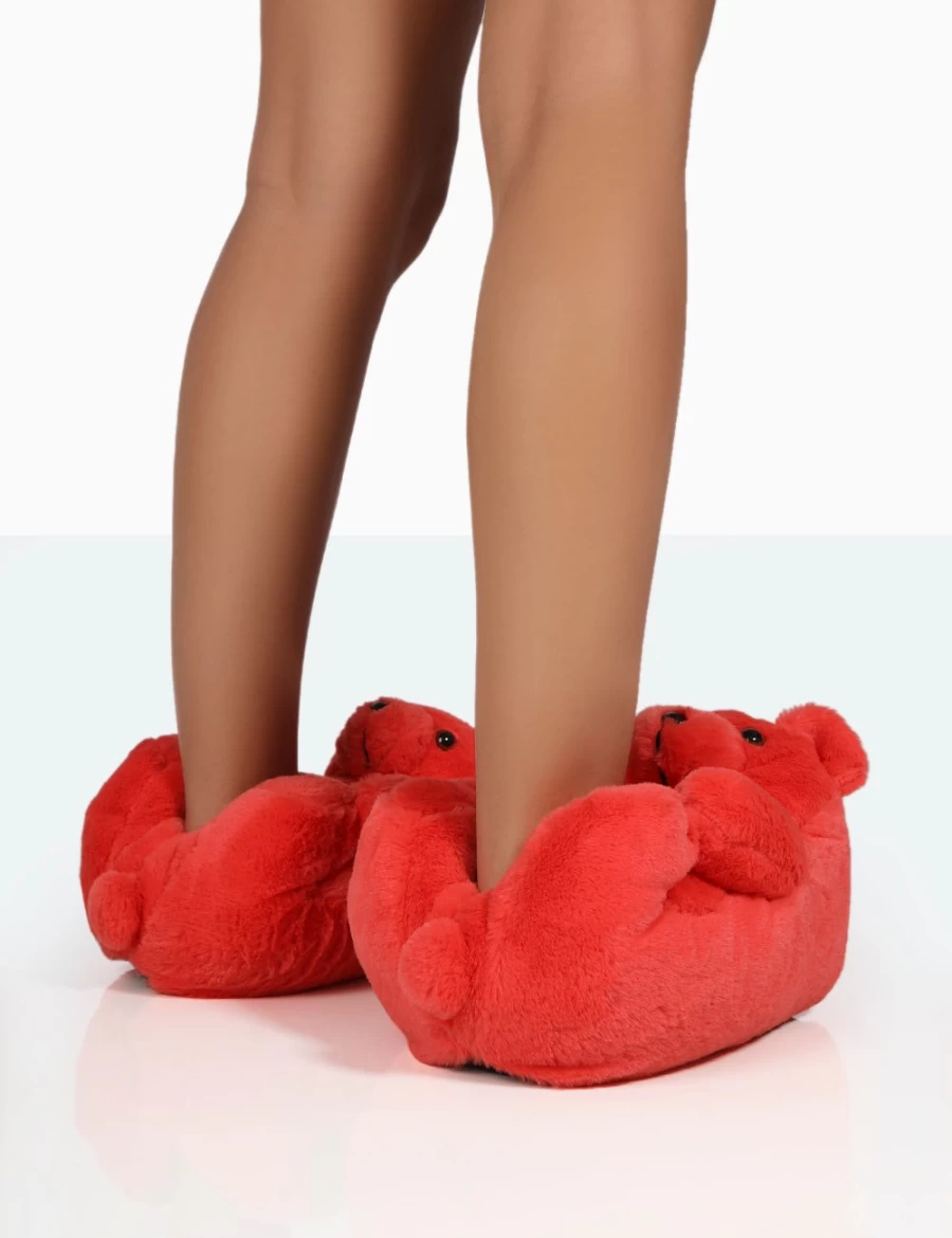 Public Desire Women's Red Fluffy Faux Fur Bear Slippers - Moxy Cozy Animal Shaped House Shoes
