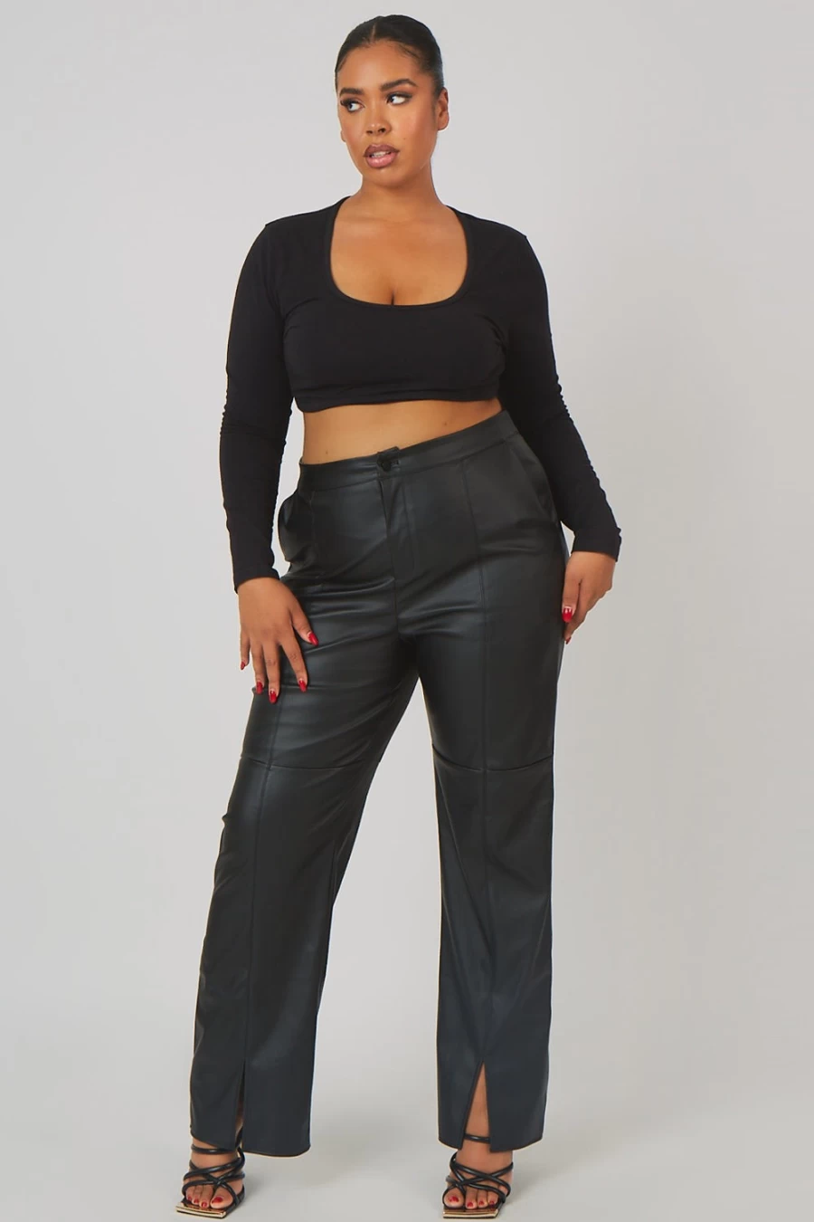 Public Desire Women's Black PU Trousers with Curve Seam & Front Split Detail