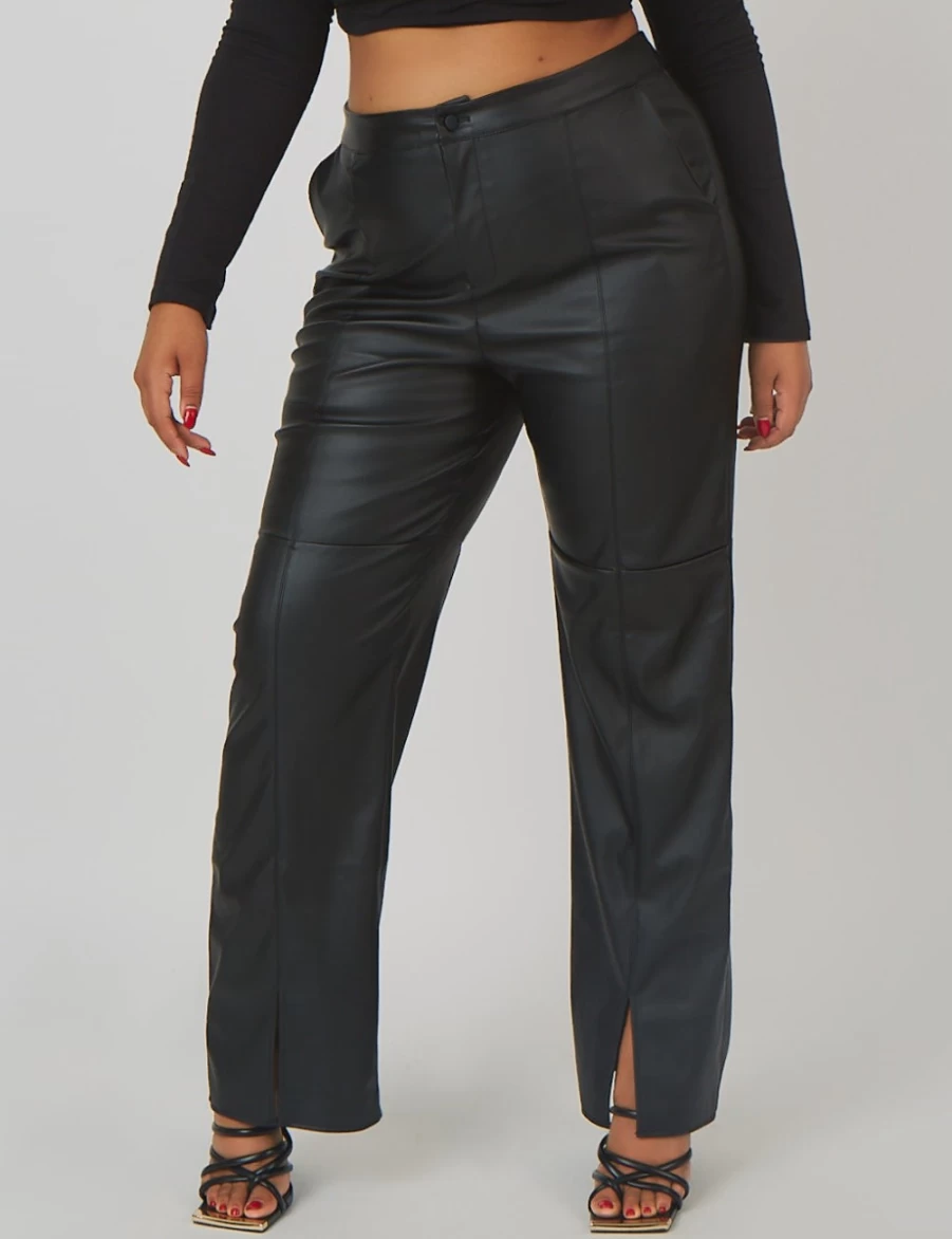 Public Desire Women's Black PU Trousers with Curve Seam & Front Split Detail