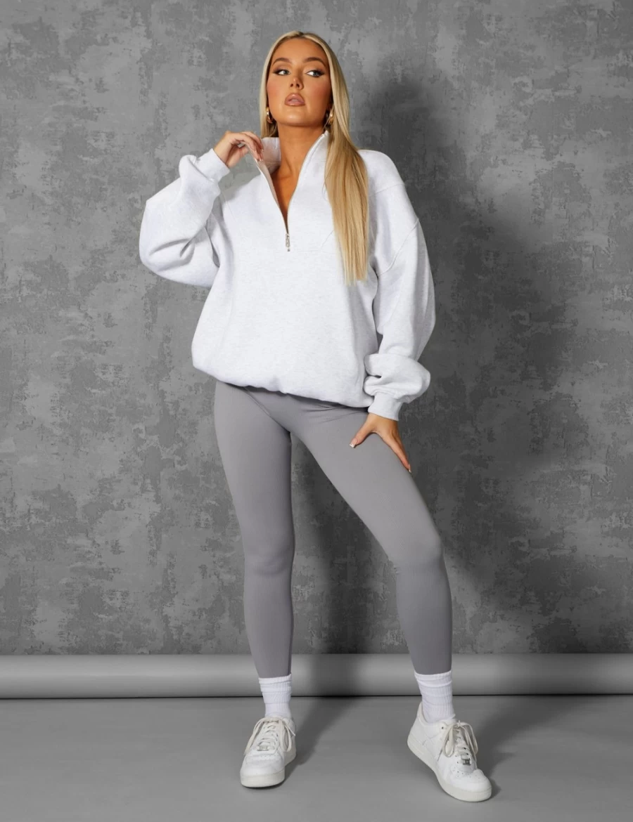 Women's Grey Oversized Half Zip Pullover Sweatshirt with Front Pocket - Public Desire
