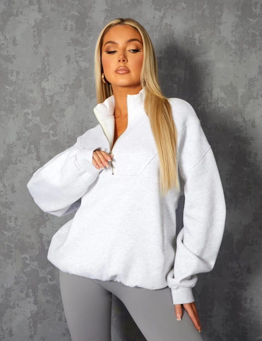 Women's Grey Oversized Half Zip Pullover Sweatshirt with Front Pocket - Public Desire