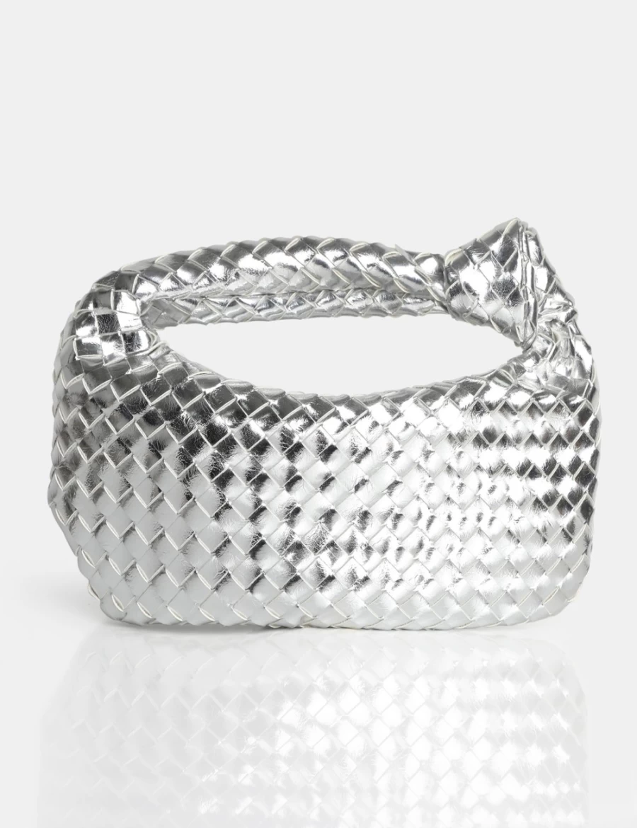 Public Desire Silver Metallic Mirror Woven PU Knot Detail Mini Crossbody Bag for Women