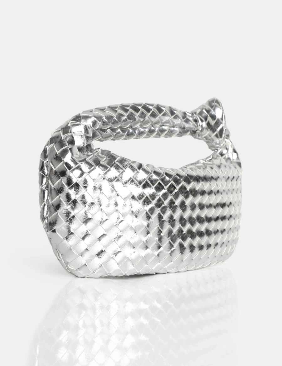 Public Desire Silver Metallic Mirror Woven PU Knot Detail Mini Crossbody Bag for Women