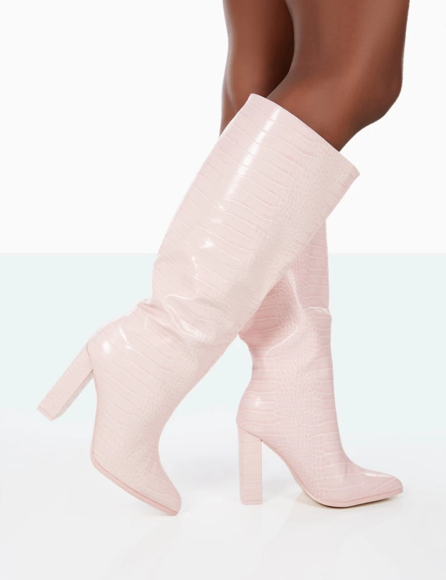 Public Desire Women's Pink Posie Wide Fit Knee High Block Heel Boots | Chunky Heel Croc Embossed Booties