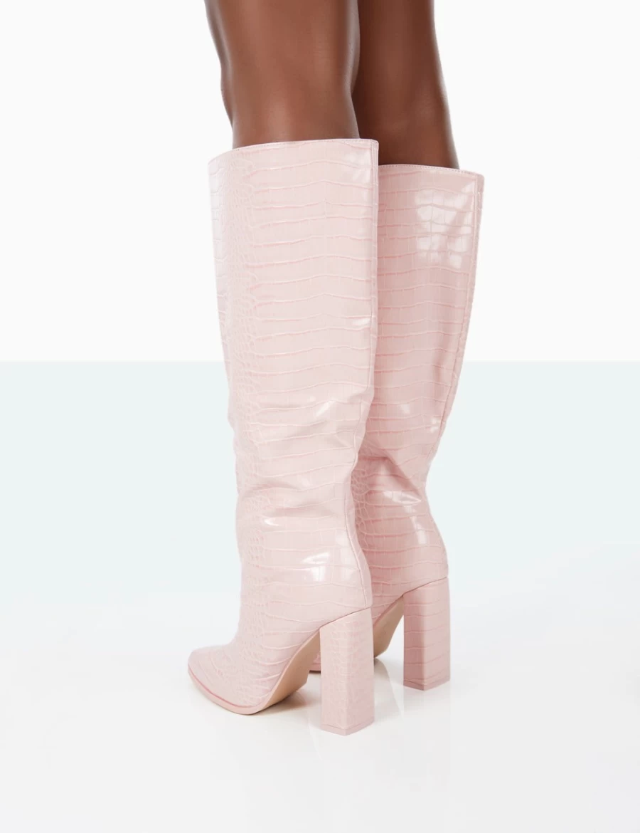Public Desire Women's Pink Posie Wide Fit Knee High Block Heel Boots | Chunky Heel Croc Embossed Booties