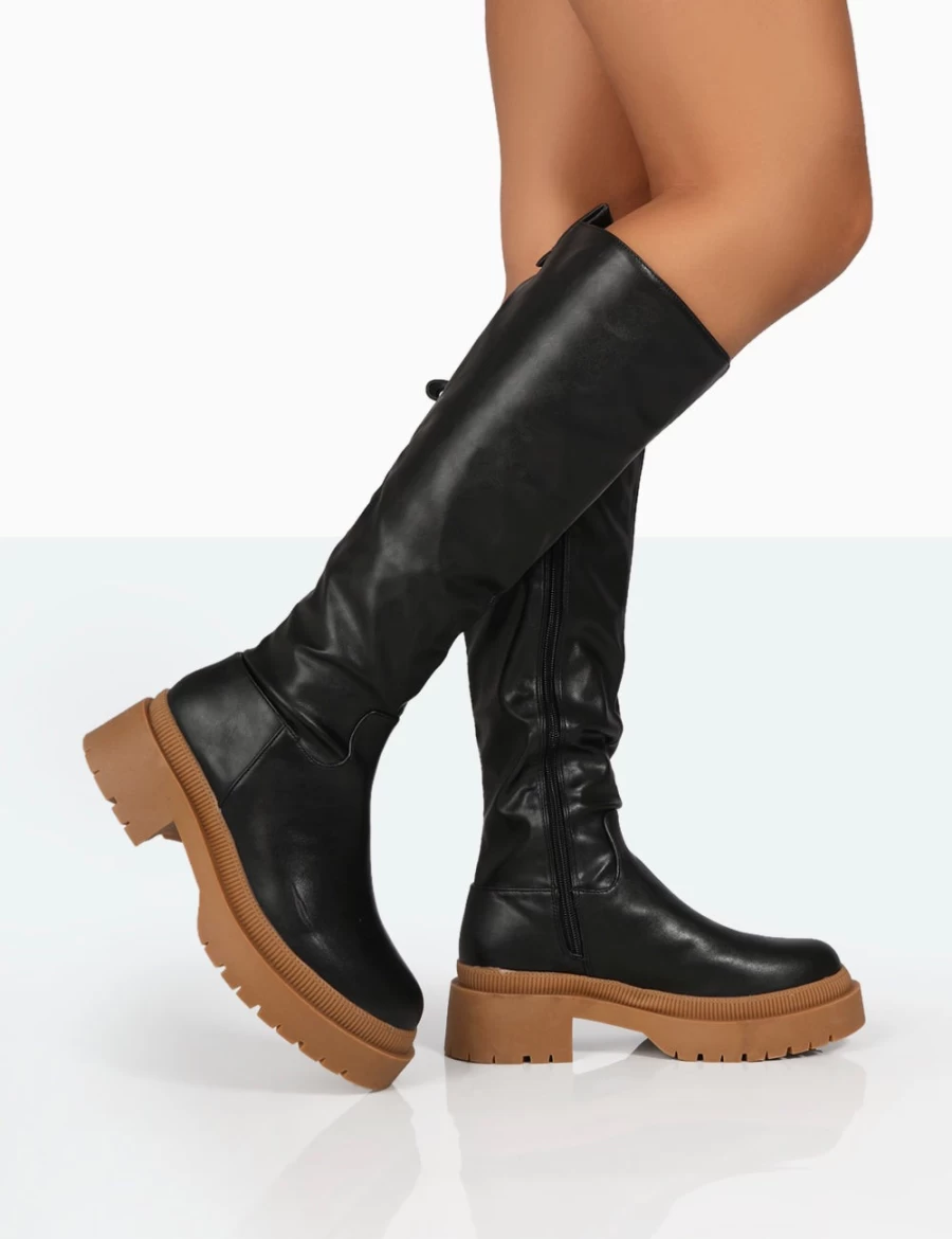 Public Desire Women's Black Jersey PU Contrast Chunky Sole Knee High Boots